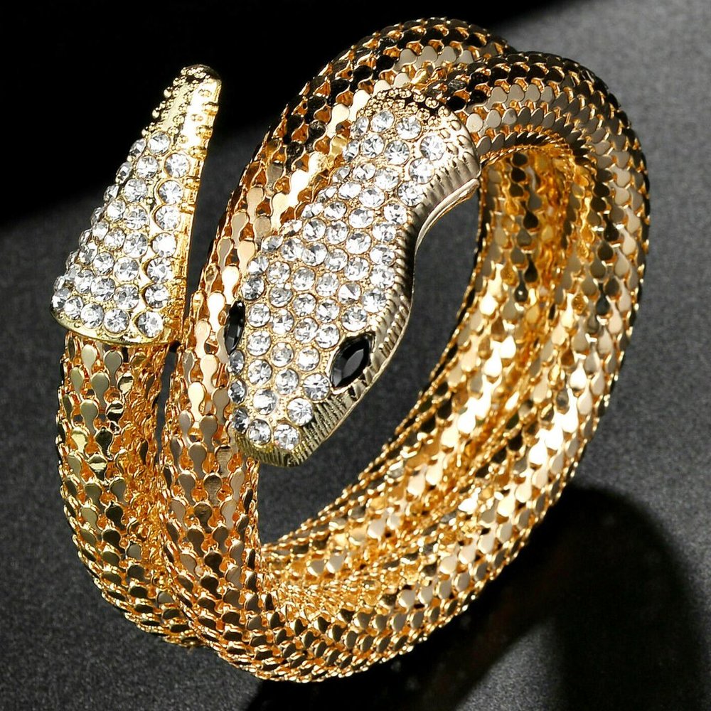 Golden SNAKE Charm Rhinestone Wraparound Bracelet